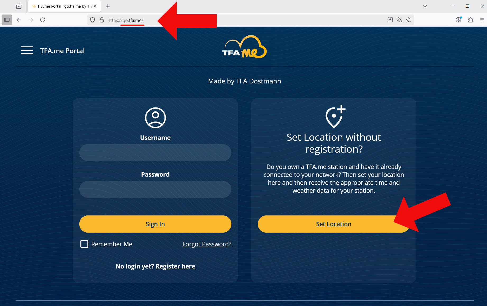 Fig. go.TFA.me landing page with highlight on location